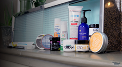 Photo of a variety of CBD topical products on a countertop.