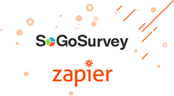 SoGoSurvey logo and Zapier logo pictured together with celebratory bubbles.
