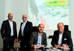 P. Dimitri, Operations Director, WEC; S. Vollmer, Branch Manager DHL Global Forwarding; S. Andriolo, ACO Marketing Director; T. Nieszner, President & Global Head of Motorsport at DHL Global Forwarding