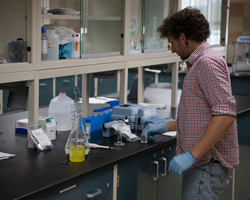 A person working in a lab doing testing of water.