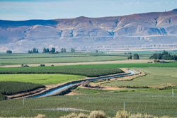 A canal flowing through agricultural land.