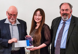 Winner Lulu Qian, Nobelist Sir Fraser Stoddart, Pres. Steve Burgess