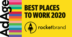 The Ad Age Best Places to Work 2020 badge for RocketBrand, a Dallas-based branding and advertising agency