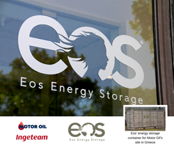 Eos Energy Storage building with Eos, Motor Oil and Ingeteam logos