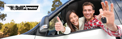 Happy Couple in a New Car Holding Keys with Black No Bull Express Logo