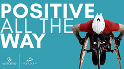 Positive All the Way movie title and man in racing wheelchair