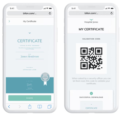 Billon Group mobile app displaying COVID-19 immunity status of healthcare worker.