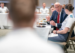Former Director of National Intelligence, Dan Coats meets with cadets and students studying cyber security and intelligence at The Citadel in 2018.