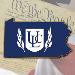 Graphical illustration of the state of Pennsylvania emblazoned with the shield and laurels logo of the Universal Life Church Ministries, all floating above an excerpt of the U.S. Constitution.