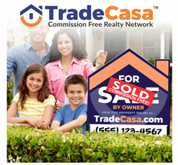 Family standing with a TradeCasa for sale sign in front of house.