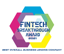 A badge for the 2021 FinTech Breakthrough Award "Best Overall Business Lending Company."