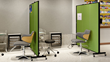 Two green clinic dividers with patient seating in between