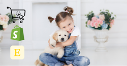A girl hugs a puppy. Images of popular eCommerce shopping platforms are shown.