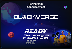 Partnership Announcement Showing Logos for Blockverse and Ready Player Me with Planets in the background and 3 sample avatars