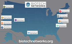 Map of United States with Ten Biotech Network Hub Logos Overlaid