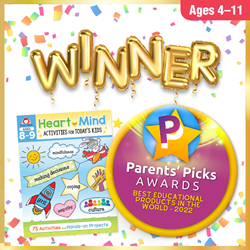 Image of Evan-Moor's Heart and Mind Activities for Today's Kids book and the Parents' Picks Award Seal for 2022
