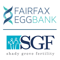 Blue and Teal Fairfax EggBank Logo stacked above Blue, Teal and Gray Shady Grove Fertility Logo