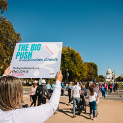 A woman holds a sign that reads "The Big PUSH to End Preventable Stillbirth" while hundreds of demonstrators push empty strollers towards the U.S. Capitol Building representing the 23,000 babies born still every year in the United States.