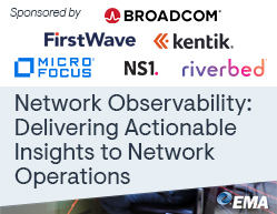 Text: Network Observability: Delivering Actionable Insights to Network Operations research report | Logos: Broadcom, Kentik, Micro Focus, NS1, FirstWave, Riverbed, EMA