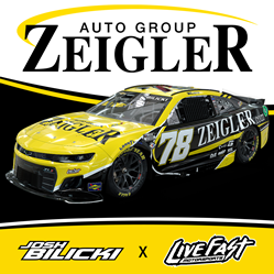 IMAGE: Zeigler Auto Group logo with new Zeigler.com 78 Chevy Camaro on stylized white, black and yellow background Josh Bilicki and Live Fast Logos over Yellow background