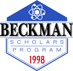 This is an image of a program logo in the shape of a hexagon. The colors used are blue, black, and red with negative space in white. At the top of the hexagon, which is shaded blue, an atom graphic is reversed out in white. Just beneath it, the word Beckman is shown in black, block letters. Just beneath that, the words Scholars and Program are displayed on two lines in blue. Finally, the program's inaugural year, 1998, is displayed in red.