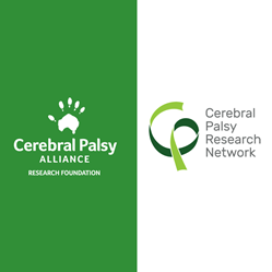 Cerebral Palsy Alliance Research Foundation logo in white on kelly green background on left. The Cerebral Palsy Research Network logo in two greens on white background. Organization name in gray text.