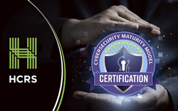 Hands form a frame around an illuminated logo for the Cybersecurity Maturity Model Certification.