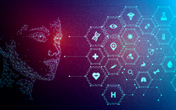 Healthcare AI concept: a digital silhouette of a human face is directed toward an array of medical icons, including a DNA helix, bandage, bone, stomach, needle, and pill.