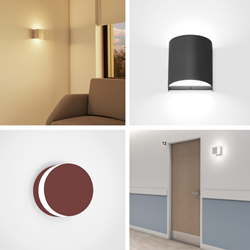 Hospital corridor and healthcare patient room with circle and square wall sconces.