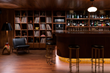 Retro bar & lounge inspired by 70's recording studios, walnut wood walls, vinyl records - Interior Design by Casa Metta