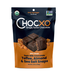 Chocxo Debuts New Dark Milk Chocolate Toffee, Almond & Sea Salt Snaps at Sweets & Snacks Expo 2023