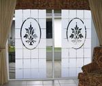 Doral etched glass design on wide sliding glass doors.