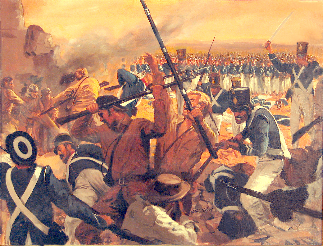 painting of soldiers fighting at the Alamo.