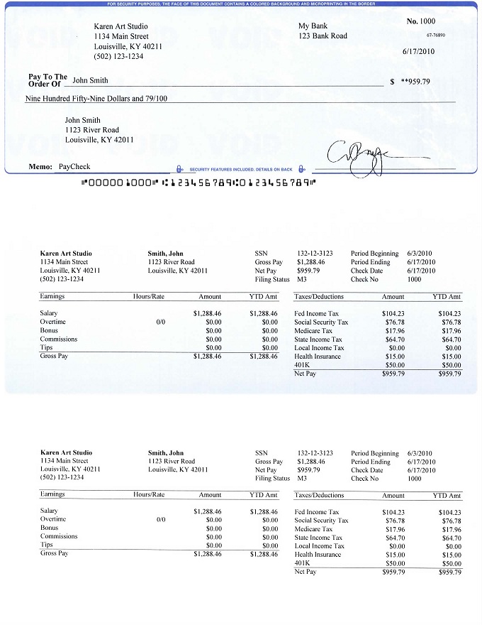 check-on-top format payroll check printed by ezPaycheck payroll software