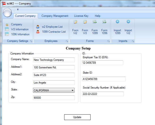 ezW2 W2 1099 software - setup company information