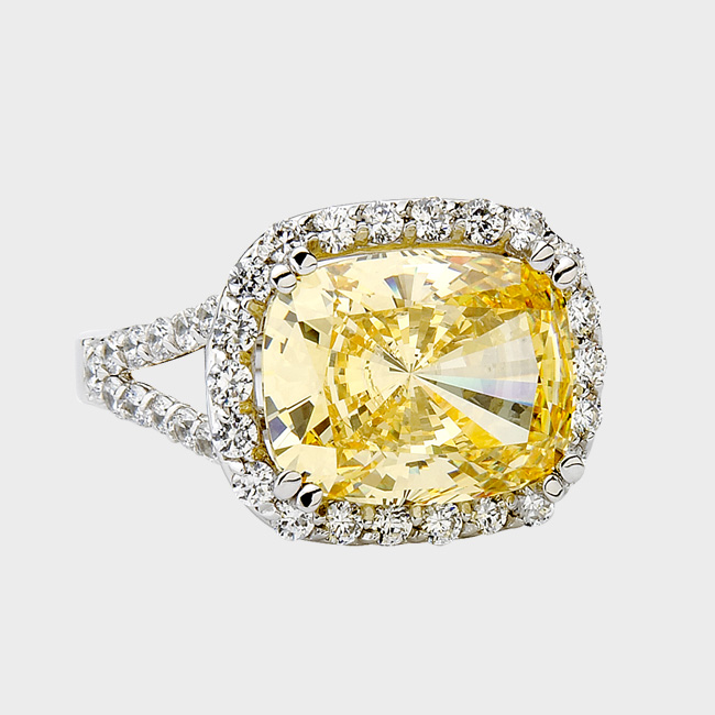 6.0 carat oval cushion cut CZ, simulated yellow diamond ring.