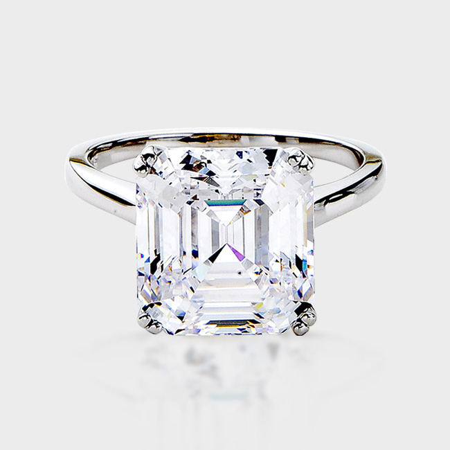 9.0 carat Asscher-inspired cubic zirconia ring in a 14K white gold solitaire setting.
