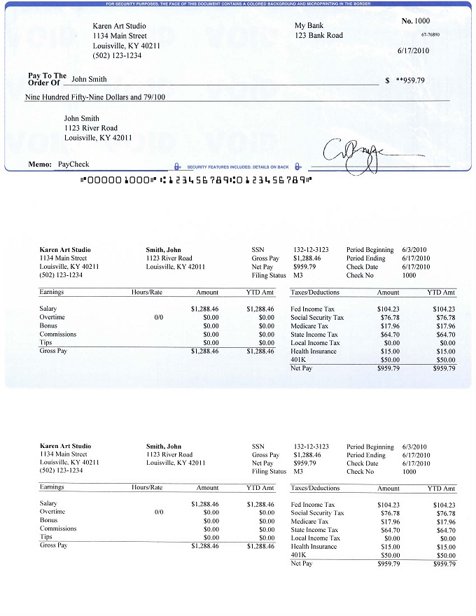 Sample paycheck created by ezPaycheck payroll software