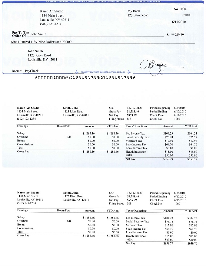Sample paycheck created by ezPaycheck payroll software