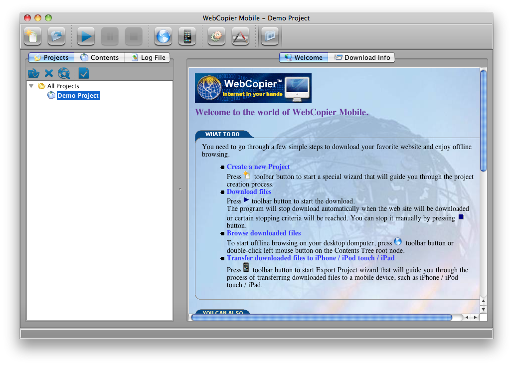WebCopier (Mac edition) Welcome screen
