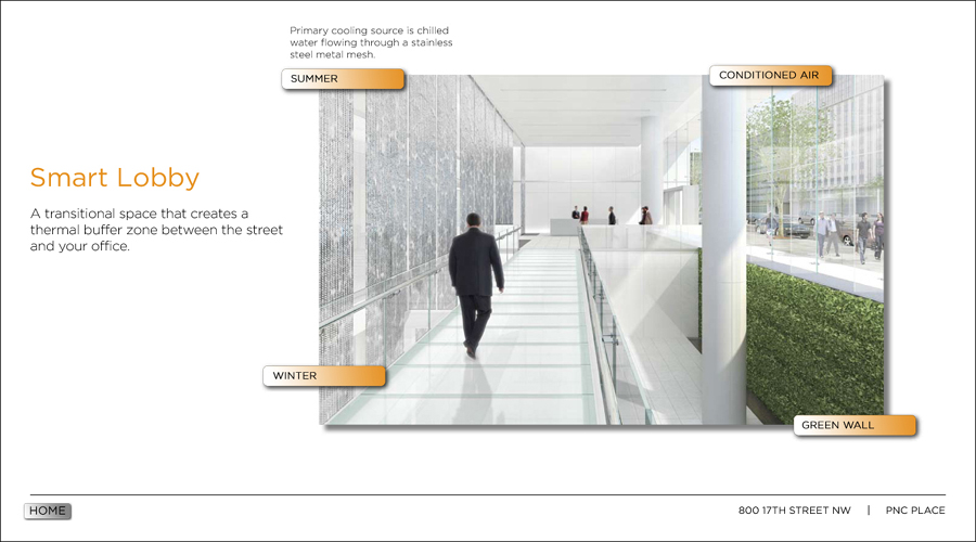 Interactive screens allow users to view different aspects of the PNC Place's green features.