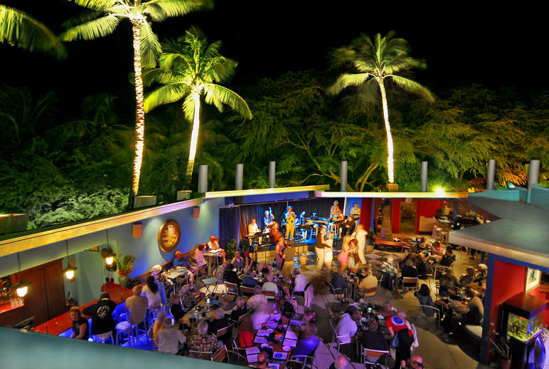 The Blue Dragon features live music most nights of the week and movies on Wednesdays. It is all presented in a festive space with a ‘ceiling’ that is open to the Hawaii night sky. Artists range from l