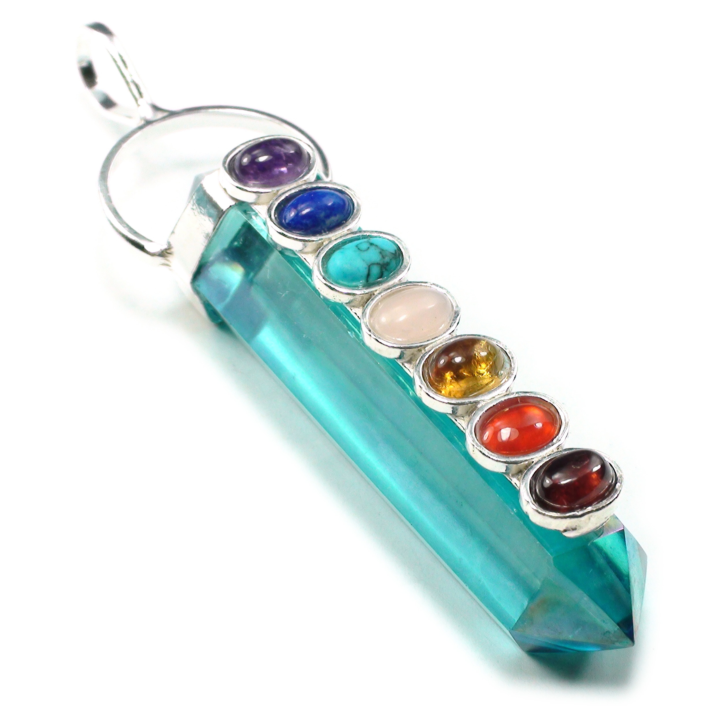 New Age and Metaphysical tool ready to wear double terminated aqua aura crystal and 7 chakra gemstone cabochons set in sterling silver pendant.