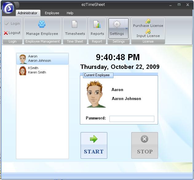 main screen of time tracking software