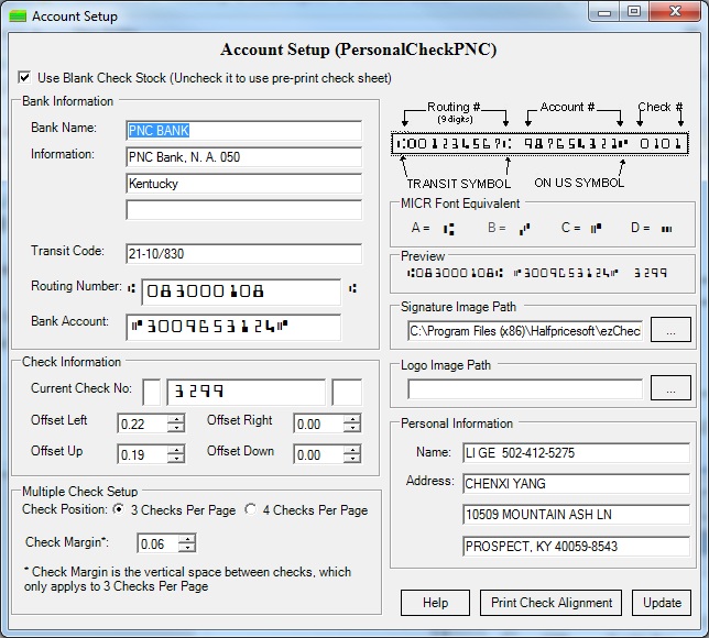 Check setup screen of ezCheckPersonal software