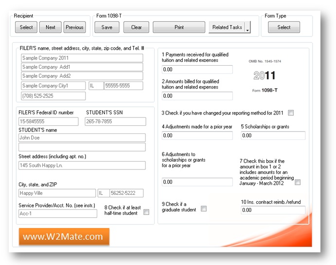 1098-T Software by W2Mate.Com