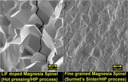 SEM micrographs comparing LiF doped Magnesia Spinel (left) that has large and weak grain boundaries with Surmet's fine grained high strength Magnesia Spinel.