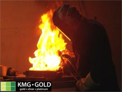 Pouring a gold bar from molten scrap gold