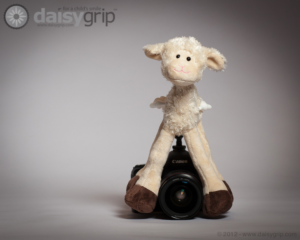 Lanky Legs Lamb stuffed animal supported by the DaisyGrip™