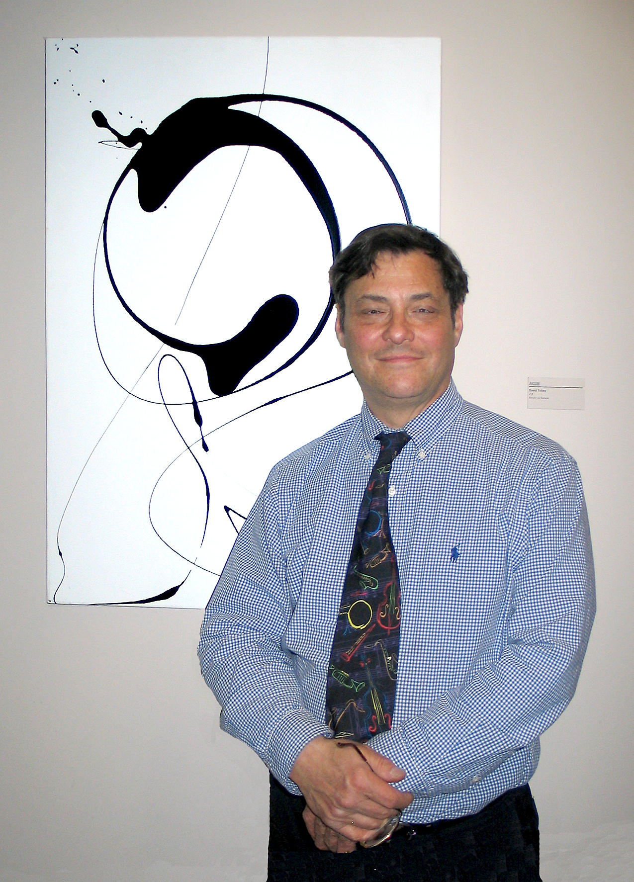 David Tobey with one of his first early monochromatic Abstract Imaginaries   "Jump Rope" in his 2012 Pleiades Gallery solo show that later expanded with more colors interacting with each other.